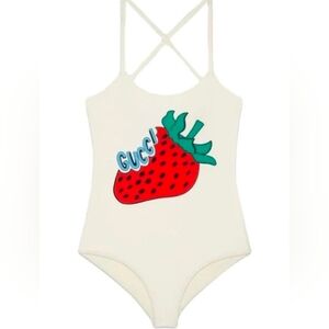 Gucci White Swimsuit with Red Strawberry Design